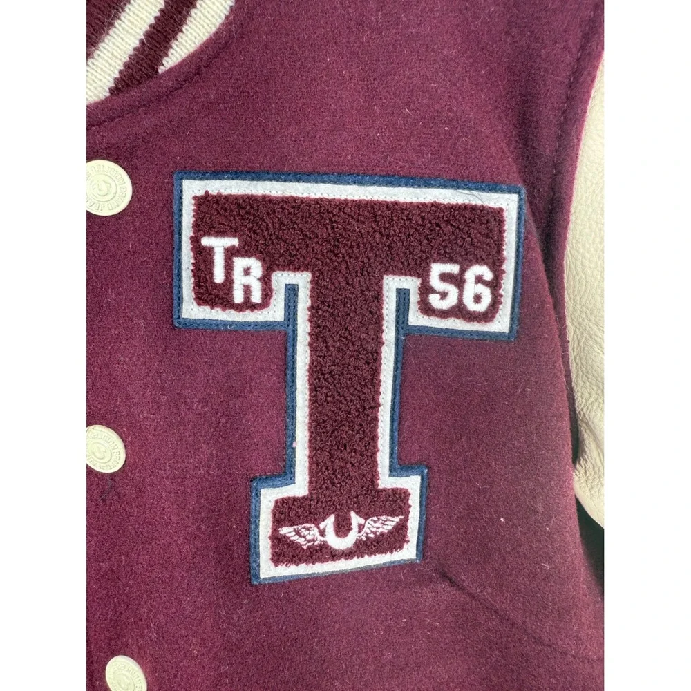 True Religion Richie Varsity Jacket Burgundy Leather Wool Letterman Mens XS